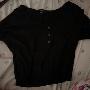 Ambiance Black Ribbed Short Sleeve Henley Crop Top